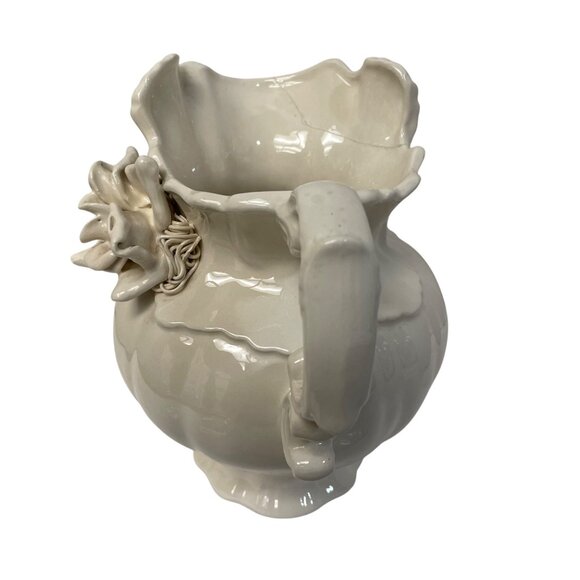 Vintage Ivory Ceramic Pitcher With Floral Accent Ornate Handle 8" x 8" Read - Picture 13 of 15
